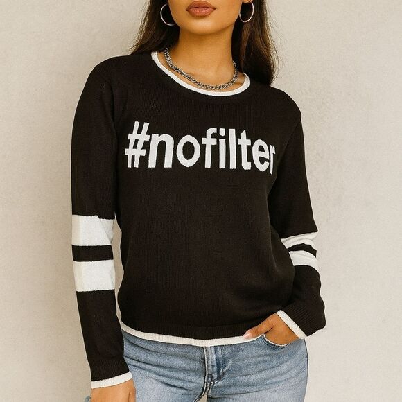 Black #No Filter Cotton Pullover Sweater XS White Spell Out Y2K Baddie Trap Casu - Picture 1 of 6